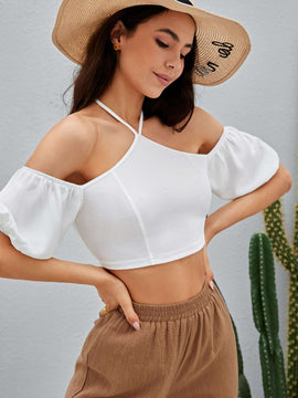 Camisa corta de cuello halter de manga farol