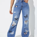 Jeans de pierna recta con estampado de mariposa desgarro