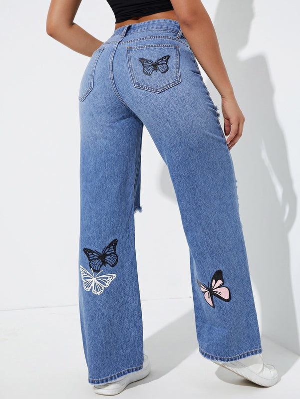 Jeans de pierna recta con estampado de mariposa desgarro