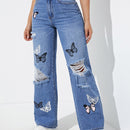 Jeans de pierna recta con estampado de mariposa desgarro