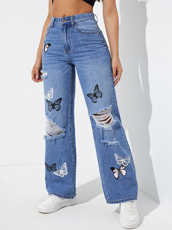 Jeans de pierna recta con estampado de mariposa desgarro