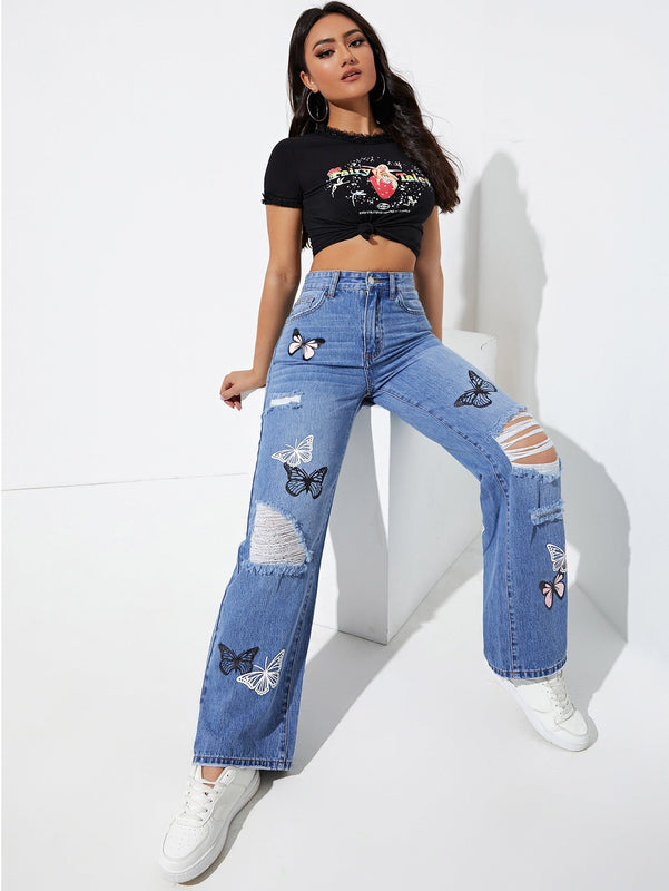 Jeans de pierna recta con estampado de mariposa desgarro