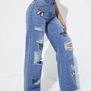 Jeans de pierna recta con estampado de mariposa desgarro