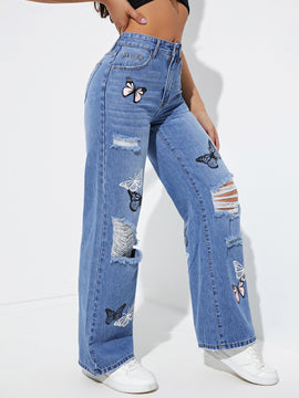Jeans de pierna recta con estampado de mariposa desgarro