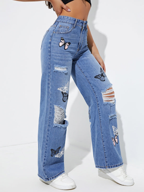 Jeans de pierna recta con estampado de mariposa desgarro