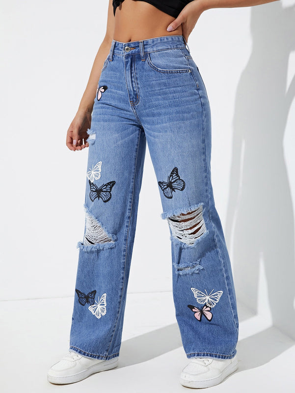 Jeans de pierna recta con estampado de mariposa desgarro