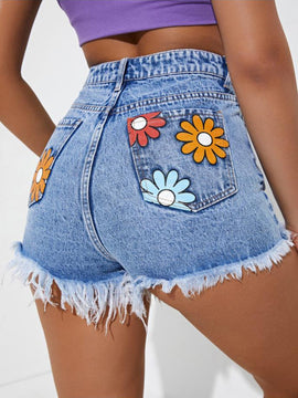 Shorts en mezclilla con estampado floral ribete sin dobladillo