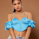 Blusa pecho con fruncido de espalda abierta con cordon ribete con fruncido bajo panuelo corto halter