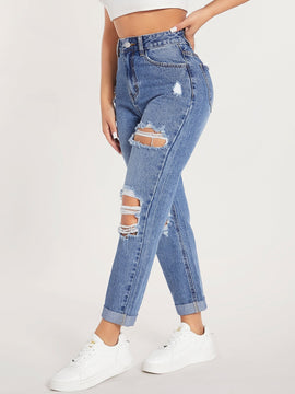 Jeans de pierna recta de talle alto con abertura desgarro crudo