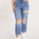 Jeans de pierna recta de talle alto con abertura desgarro crudo