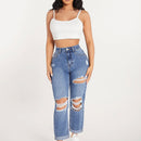 Jeans de pierna recta de talle alto con abertura desgarro crudo