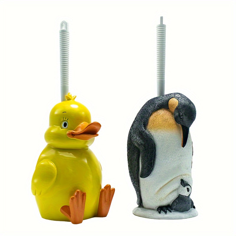 Juego de Cepillo de Baño Ahorra Espacio con Patito y Pingüino con Soporte - Fácil Limpieza, Diseño Compacto para Almacenamiento en el Baño, Mango de Resina Duradero, Idea de Regalo Perfecta