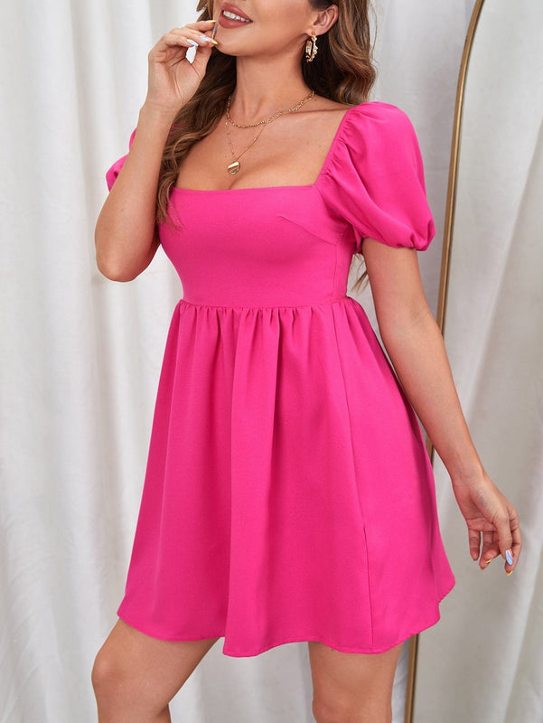 VCAY Vestido de manga farol de cuello cuadrado de espalda abierta