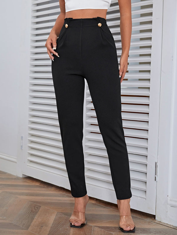 Pantalones casuales de traje negro de cintura alta para mujer con ajuste cenido y piernas anchas de 7-9cm