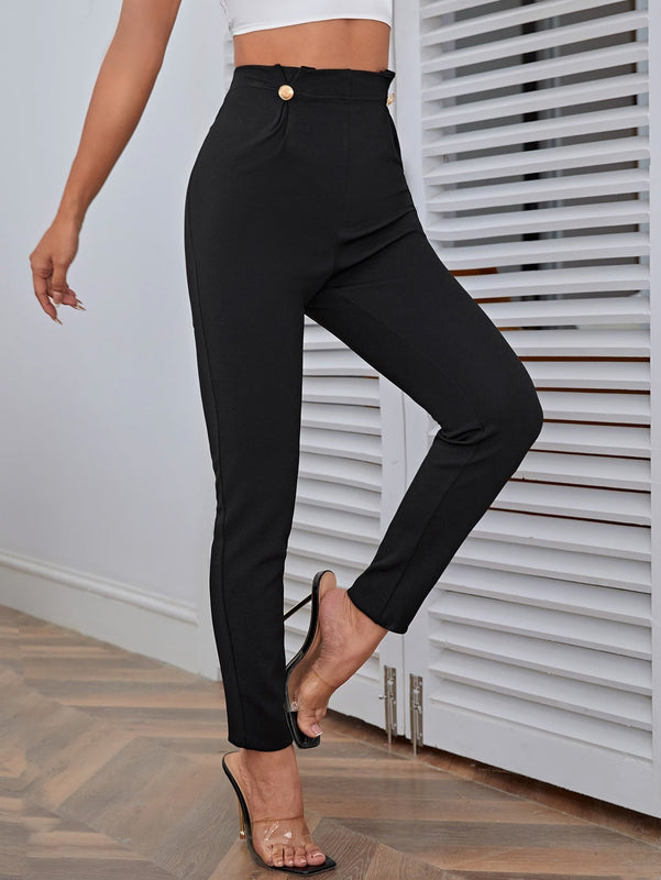 Pantalones casuales de traje negro de cintura alta para mujer con ajuste cenido y piernas anchas de 7-9cm