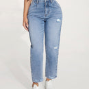 Jeans de pierna recta de talle alto desgarro crudo