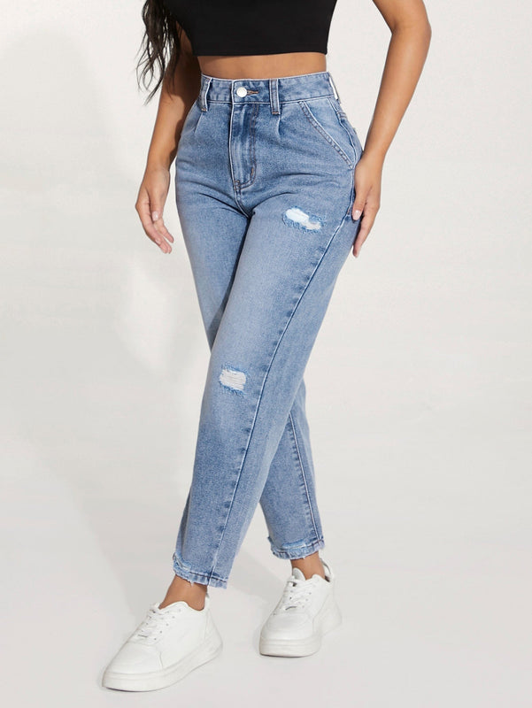 Jeans de pierna recta de talle alto desgarro crudo