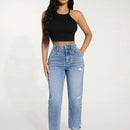 Jeans de pierna recta de talle alto desgarro crudo