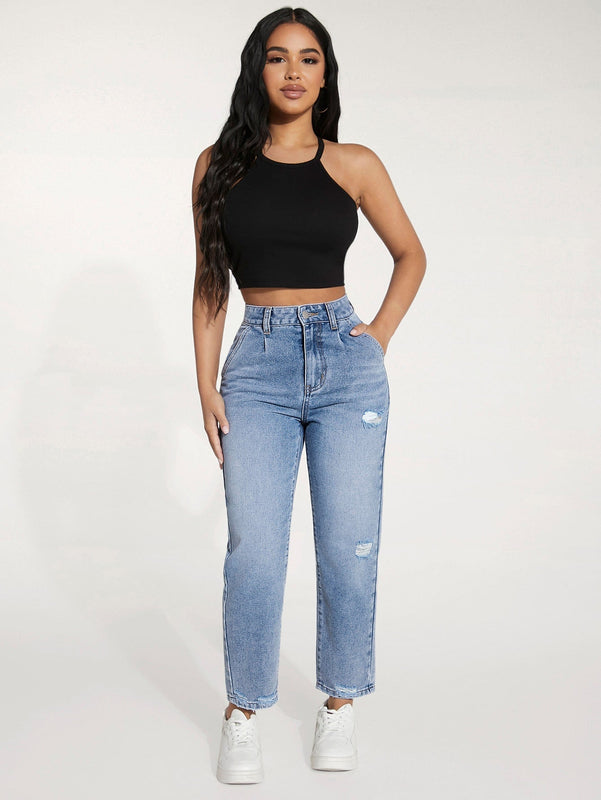 Jeans de pierna recta de talle alto desgarro crudo