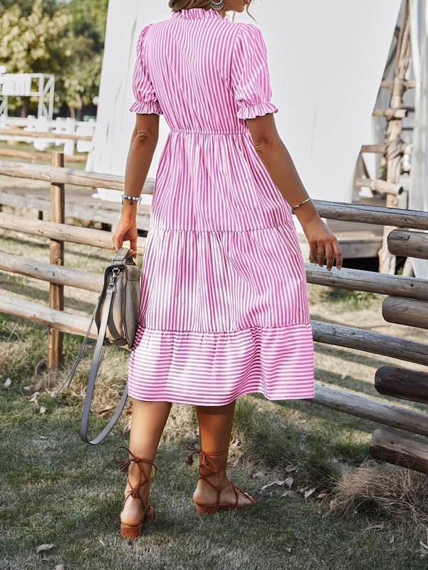 Prive Vestido con estampado de rayas de manga farol bajo con fruncido