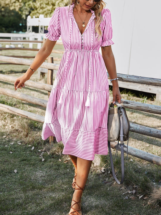 Prive Vestido con estampado de rayas de manga farol bajo con fruncido