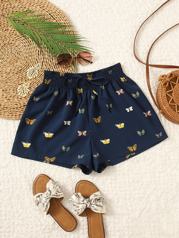 VCAY Shorts con estampado de mariposa de cintura fruncido