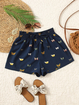 VCAY Shorts con estampado de mariposa de cintura fruncido