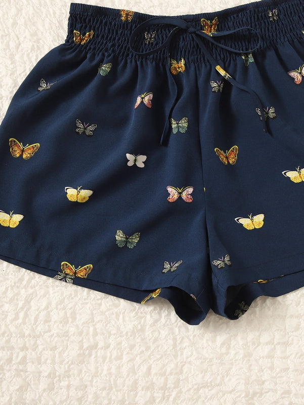 VCAY Shorts con estampado de mariposa de cintura fruncido