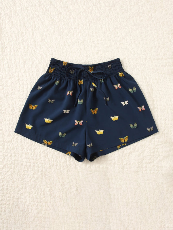 VCAY Shorts con estampado de mariposa de cintura fruncido