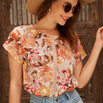 LUNE Blusa con estampado floral panel con encaje de manga murcielago