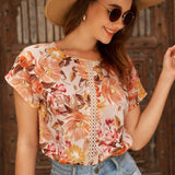 LUNE Blusa con estampado floral panel con encaje de manga murcielago