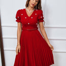 Prive Vestido con diseno de perlas de manga farol ribete fruncido bajo fruncido