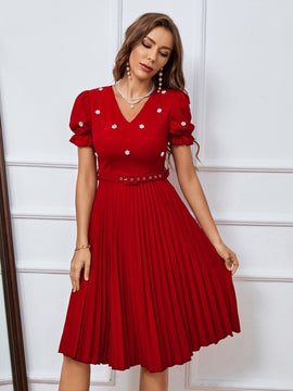 Prive Vestido con diseno de perlas de manga farol ribete fruncido bajo fruncido