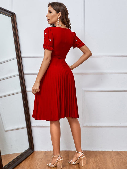 Prive Vestido con diseno de perlas de manga farol ribete fruncido bajo fruncido