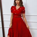 Prive Vestido con diseno de perlas de manga farol ribete fruncido bajo fruncido