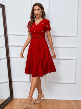 Prive Vestido con diseno de perlas de manga farol ribete fruncido bajo fruncido