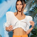 Blusa escote corazon de manga farol ribete schiffy con cordon fruncido