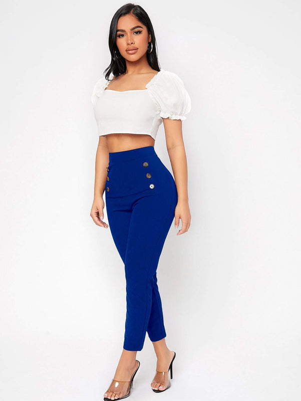 PETITE Pantalones de talle alto con botones delgado recortado