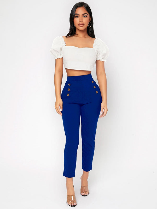 PETITE Pantalones de talle alto con botones delgado recortado