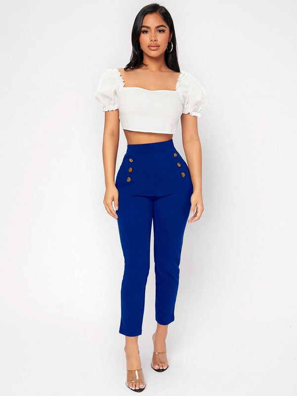 PETITE Pantalones de talle alto con botones delgado recortado