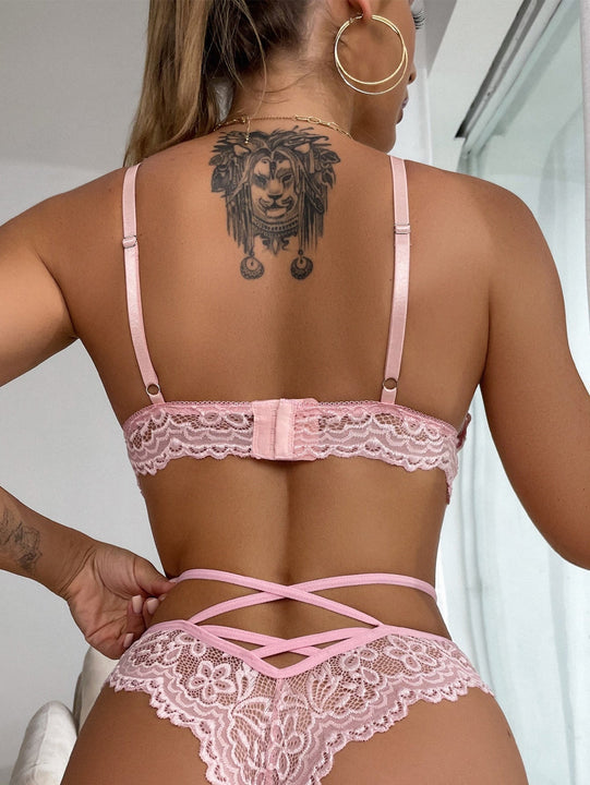 Set de lenceria con encaje floral con lazo delantero con tira cruzada inalambrico