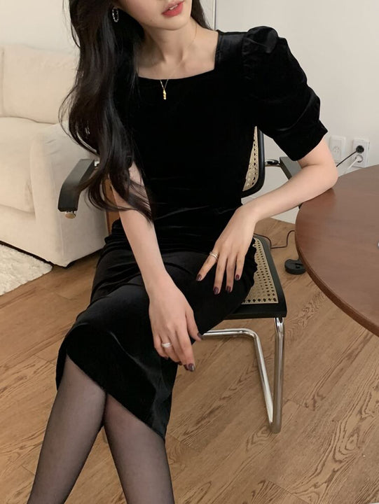 DAZY Kpop Vestido de manga farol de terciopelo