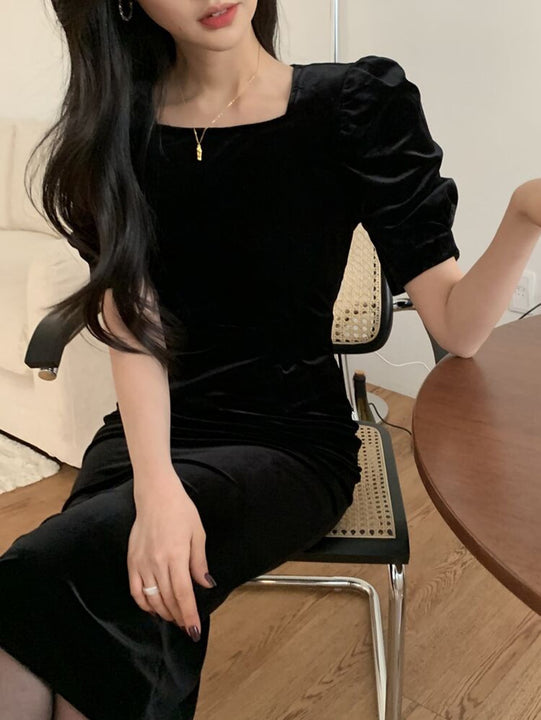 DAZY Kpop Vestido de manga farol de terciopelo