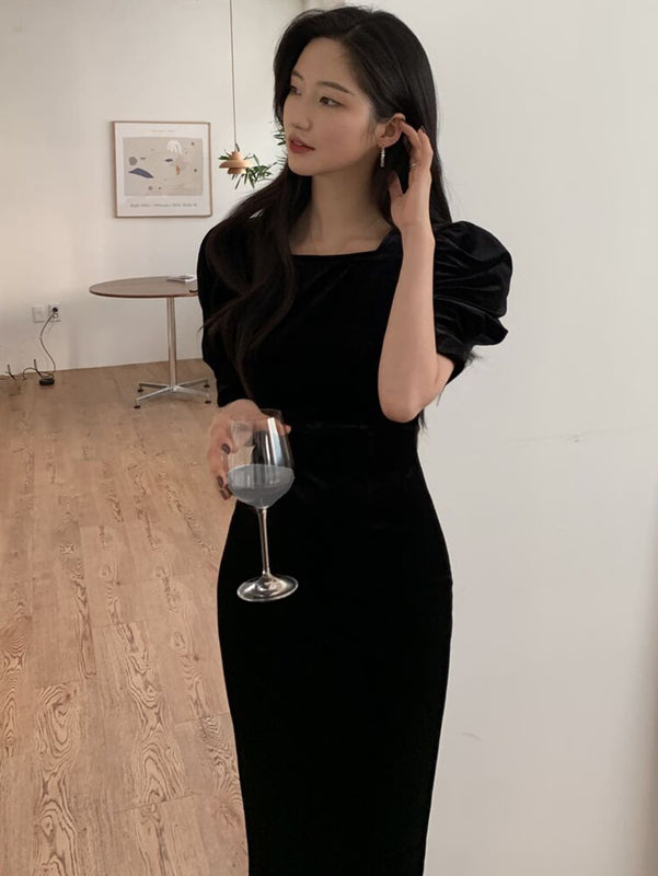DAZY Kpop Vestido de manga farol de terciopelo
