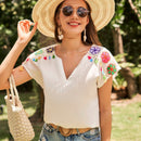 VCAY Blusa con patron floral con diseno de fleco de cuello de muesca