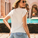 VCAY Blusa con patron floral con diseno de fleco de cuello de muesca