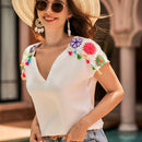 VCAY Blusa con patron floral con diseno de fleco de cuello de muesca