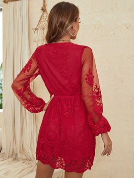 Eilly Bazar Vestido de cuello cruzado de malla con bordado floral de manga farol con encaje