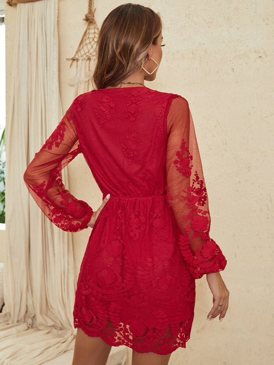 Eilly Bazar Vestido de cuello cruzado de malla con bordado floral de manga farol con encaje