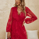 Eilly Bazar Vestido de cuello cruzado de malla con bordado floral de manga farol con encaje